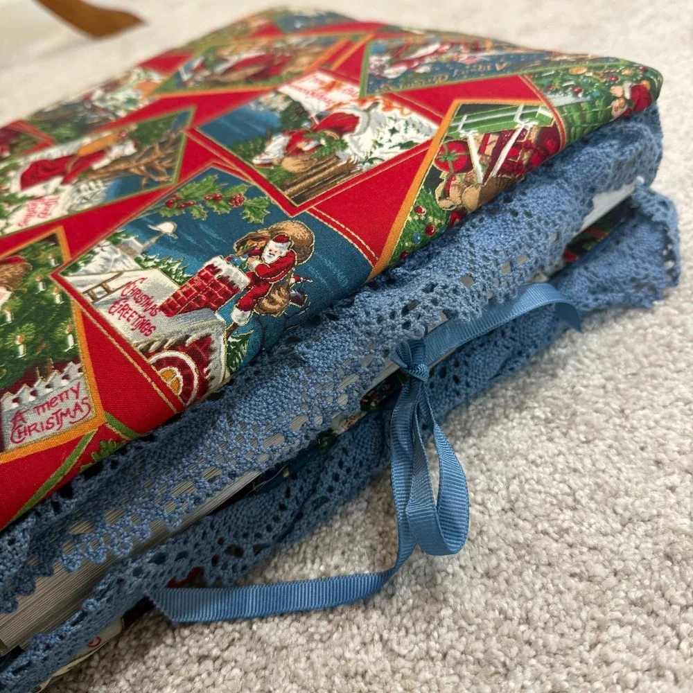 Vintage Christmas Santa Postcard Fabric Photo Album Scrapbook‎ Blue Lace Trim